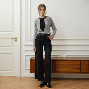 Black High Rise Wide Leg Jean with Raw Hem