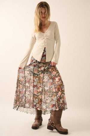 Floral Mesh Inverted Seam Maxi Skirt