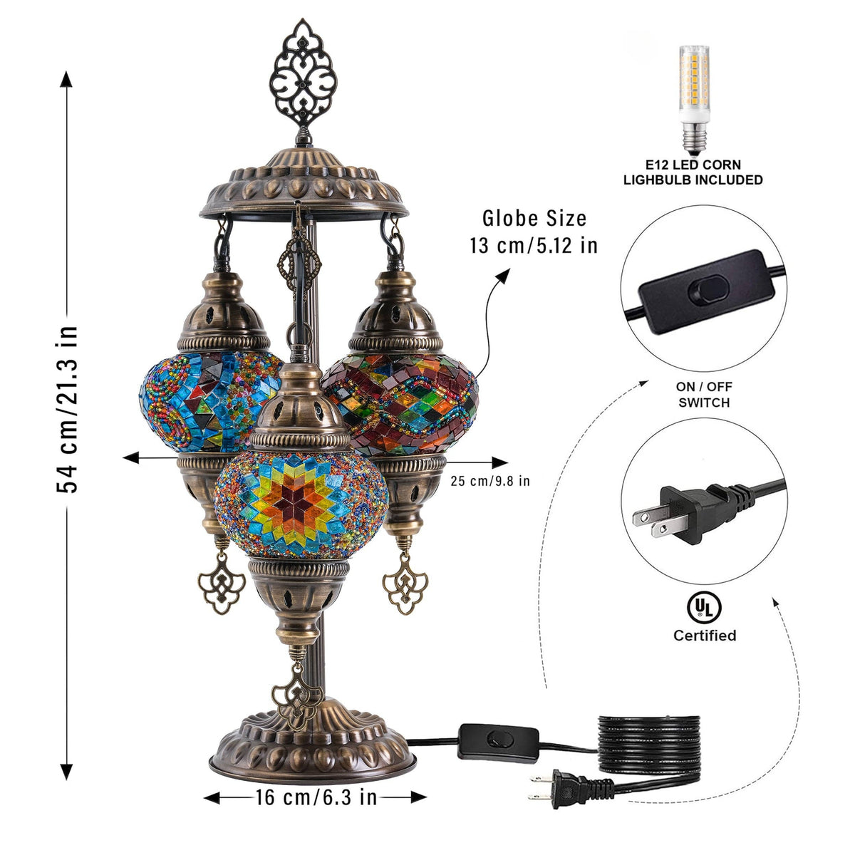 3-Globe Turkish Mosaic Table Lamp (Rainbow)