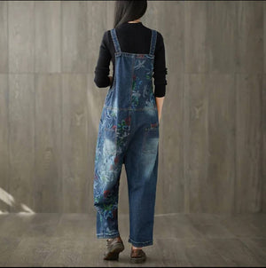 Floral Bleached Denim Overall Jeans