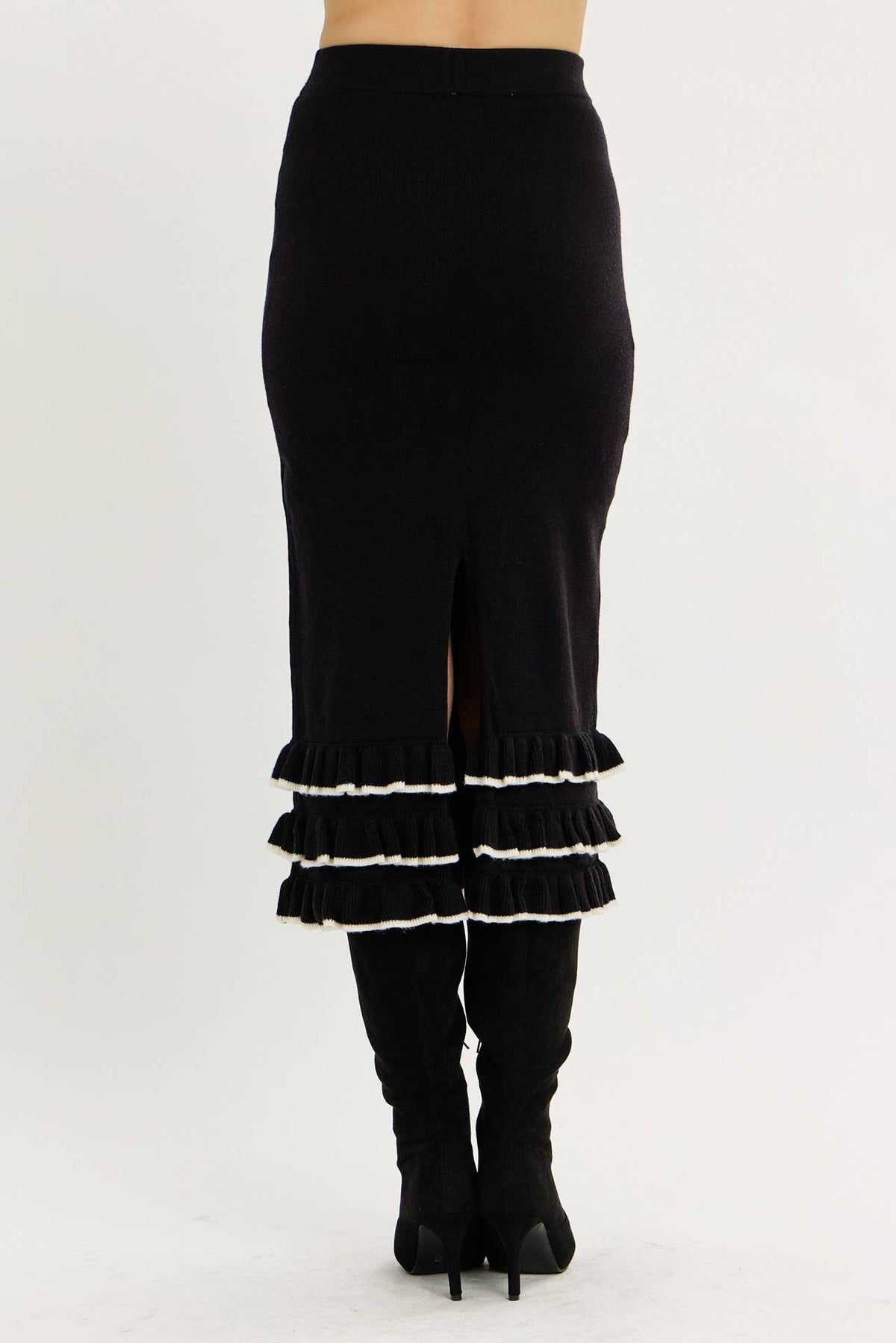 TIERED RUFFLE MIDI SWEATER SKIRT WITH BACK SLIT