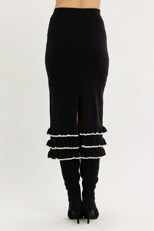 TIERED RUFFLE MIDI SWEATER SKIRT WITH BACK SLIT