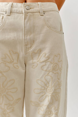 EMBROIDERED DETAIL COTTON BARREL PANTS
