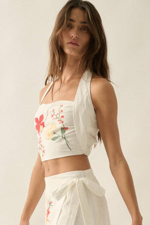 Floral-Embroidered Cropped Square-Neck Halter Top