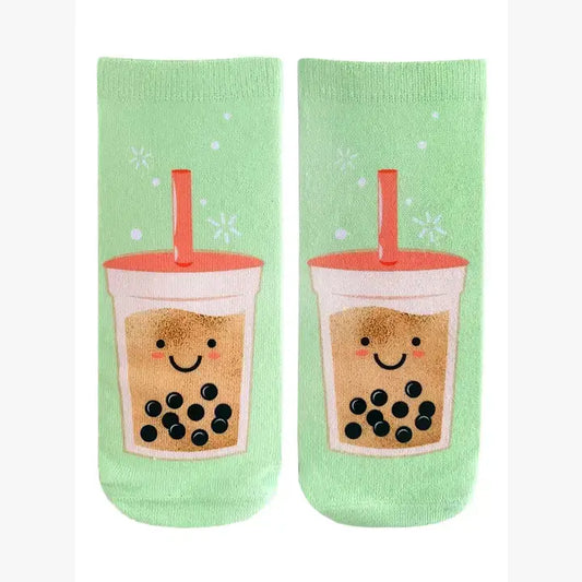 Smiling Boba Tea Ankle Socks – Green