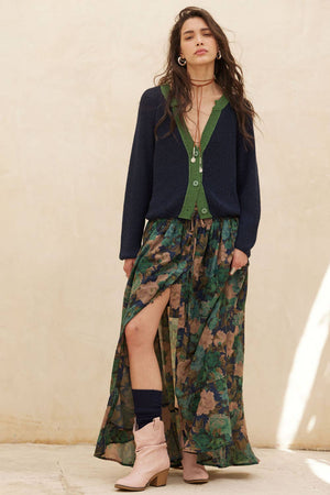 Floral-Print Drawstring Button-Front Maxi Skirt
