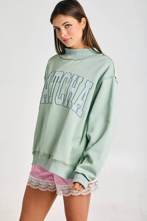Embroidered "MATCHA" Mock Neck Sweatshirt