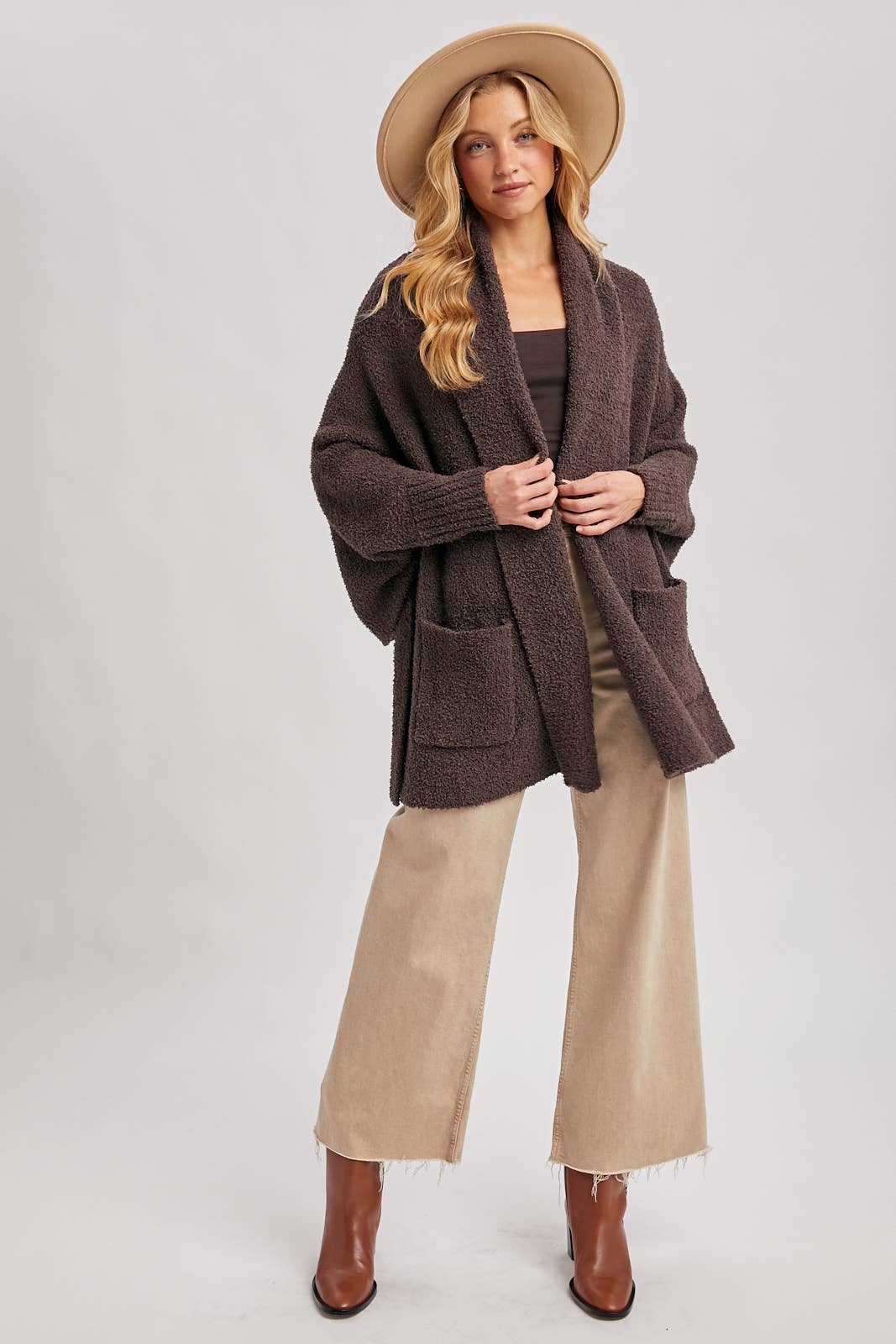 Open Front Blanket Wrap Boucle Knit Cardigan