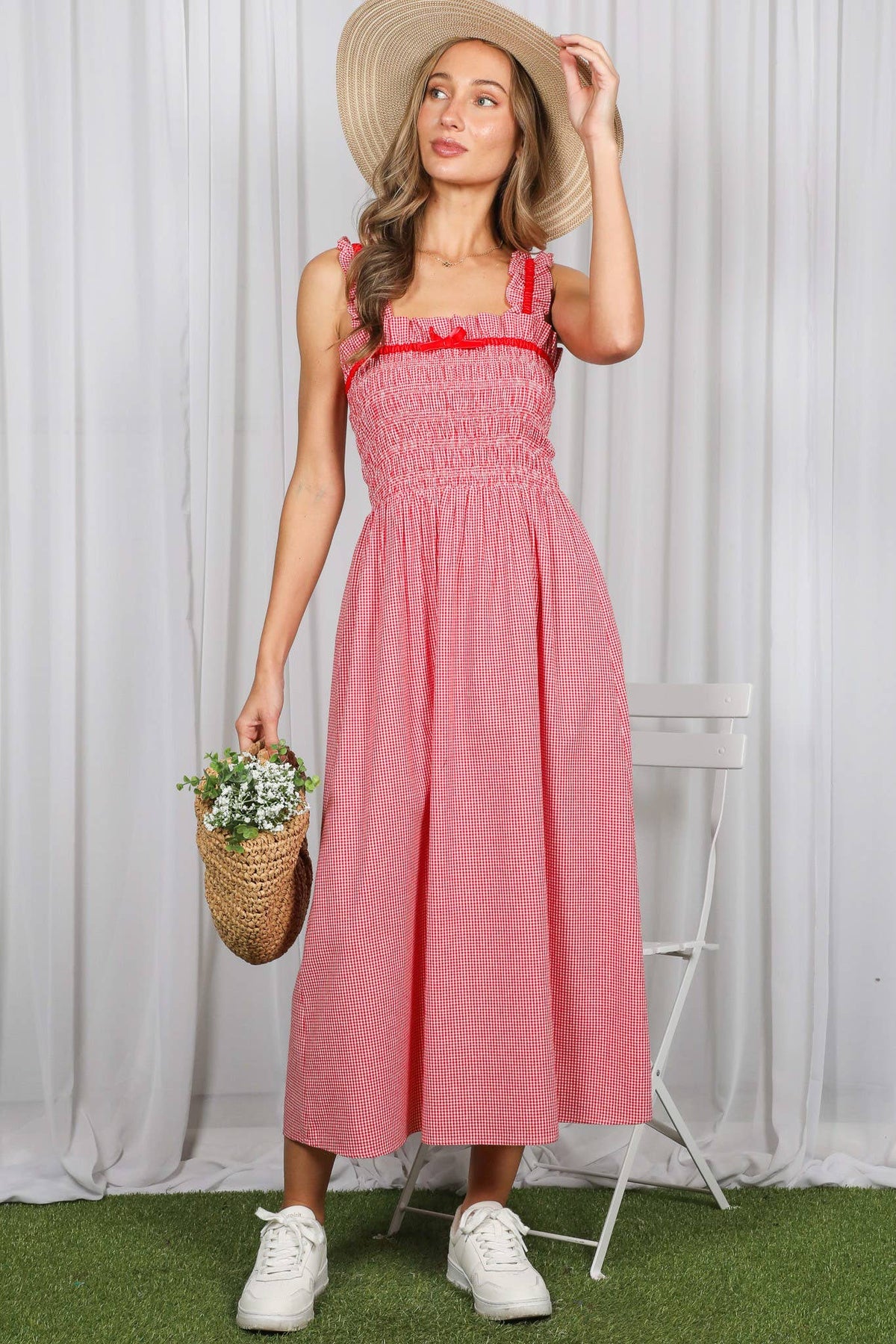 Velvet Trim Strap Cotton Gingham Midi Dress