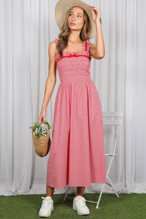 Velvet Trim Strap 100% Cotton Gingham Midi Dress VD83286