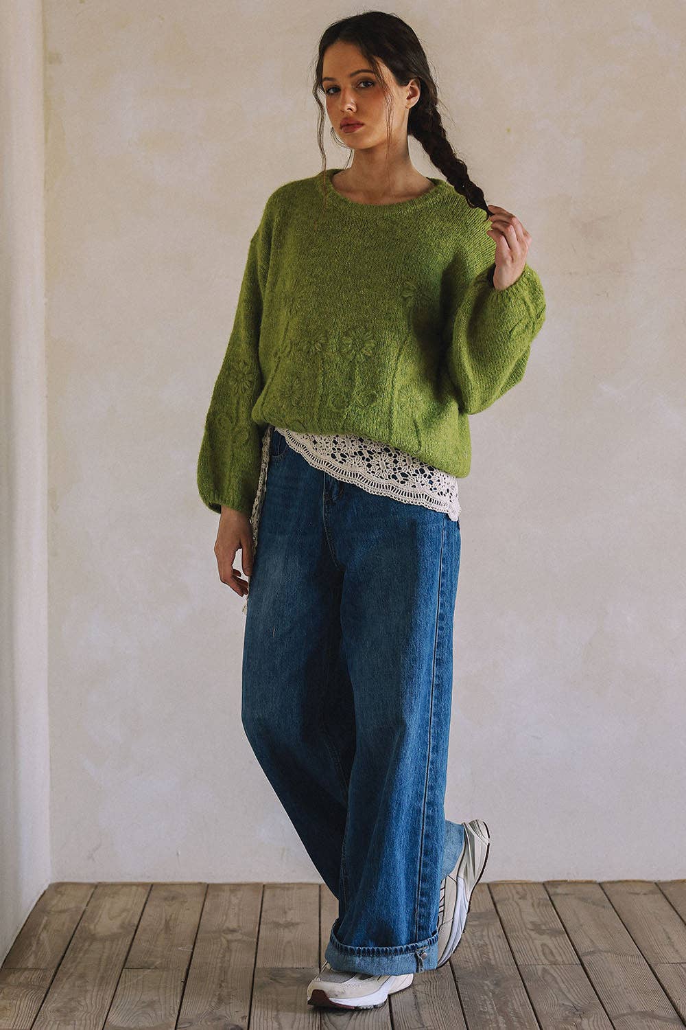 Embroidered Floral Sweater – Olive