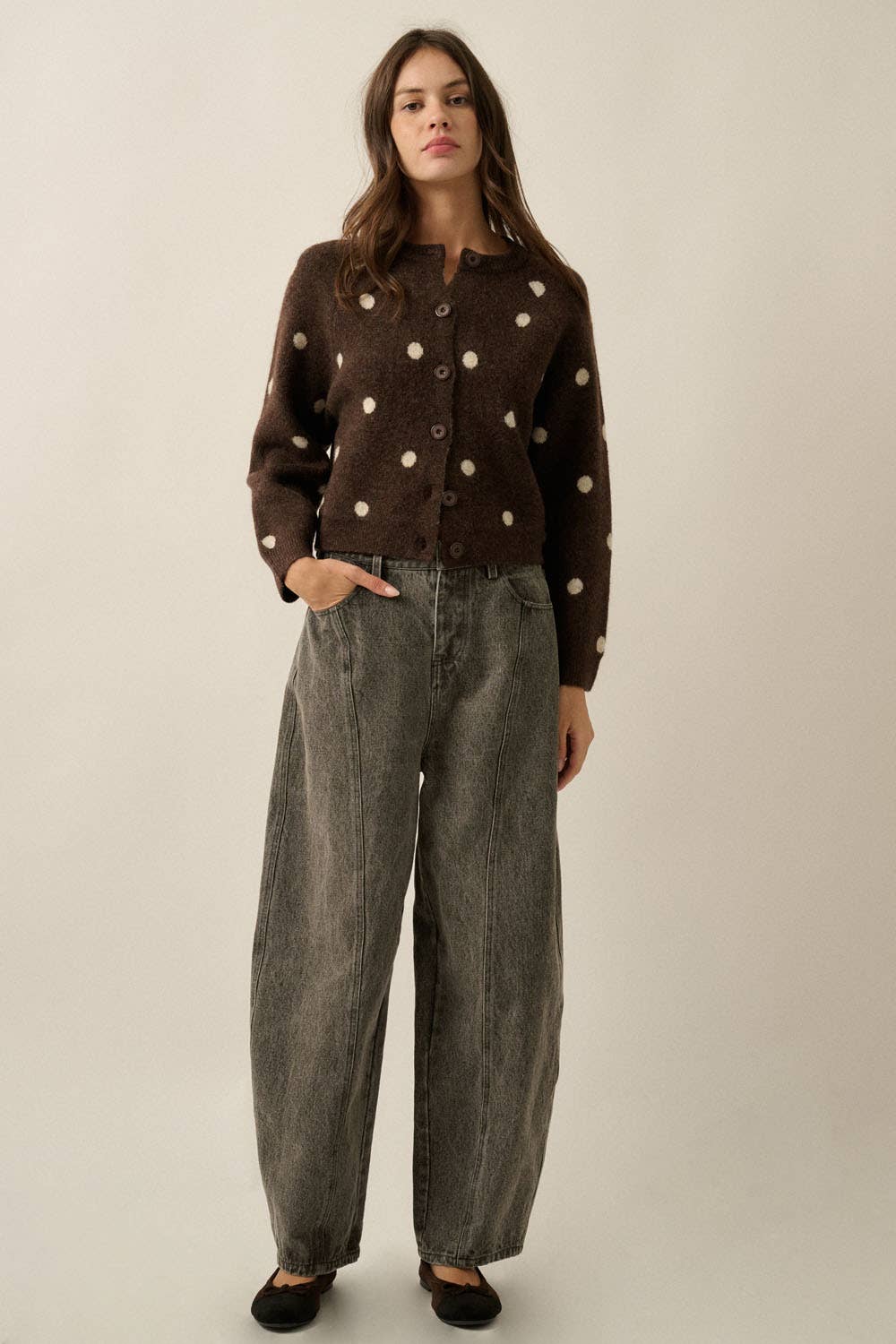 Polka Dot Jacquard-Knit Button-Up Crew-Neck Cropped Cardigan