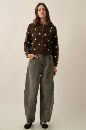 Polka Dot Jacquard-Knit Button-Up Crew-Neck Cropped Cardigan