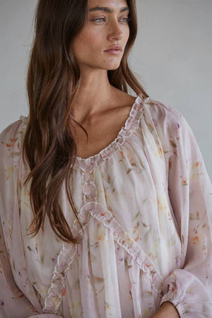 Chiffon Floral Print V-Neck Long Sleeve Top