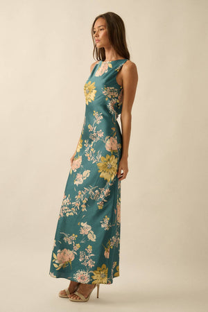 Teal Floral-Print Satin Bias-Cut Cowl-Back Maxi Dress