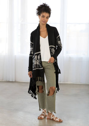 Western Floral Knit Fringe Trim Cardigan