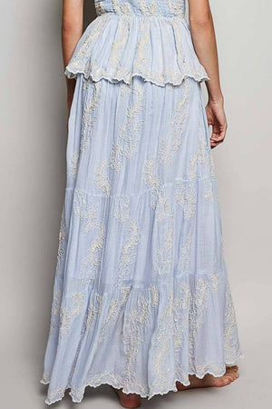 Embroidered Viscose Smocked Waistband Maxi Skirt