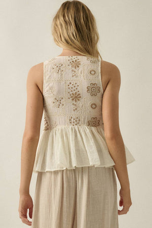 Floral-Embroidered Tie-Front Peplum Peasant Tank Top