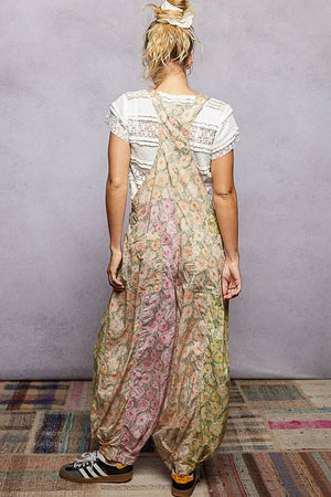 Boho Floral Lace-Trim Front-Zip Overalls