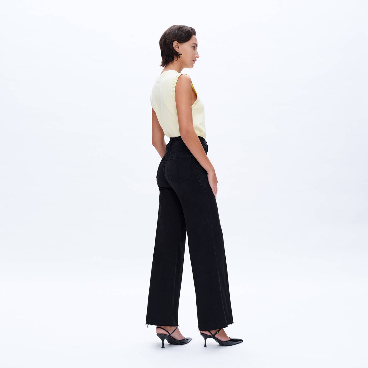 Black High Rise Wide Leg Jean with Raw Hem