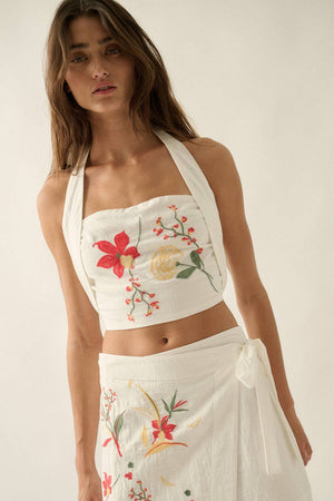 Floral-Embroidered Cropped Square-Neck Halter Top