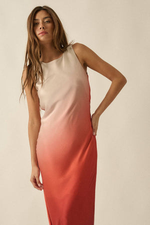 Ombre Satin Bias-Cut Sleeveless Cowl-Back Maxi Dress