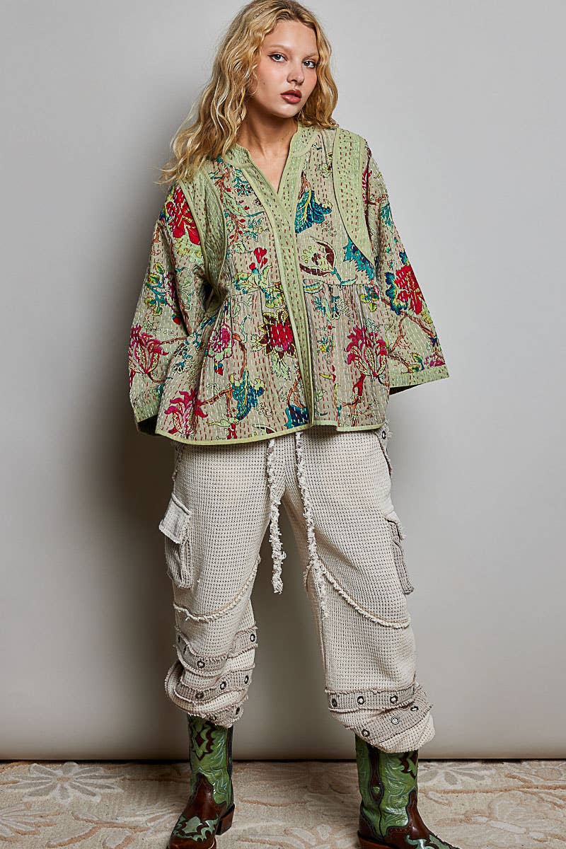 Quilted Floral Kimono-Style Top