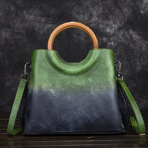 Gradient Leather Handbag with Wooden Handle and Strap