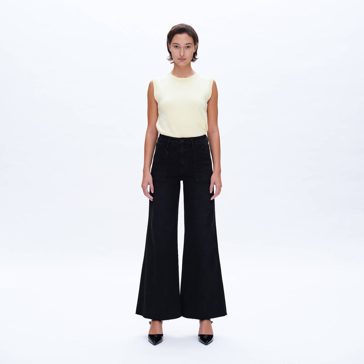 Black High Rise Wide Leg Jean with Raw Hem