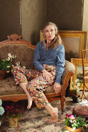 Art of Life Linen Cropped Artist Pant with Boho Floral Print
