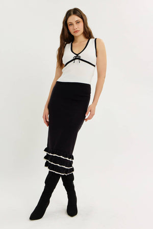 TIERED RUFFLE MIDI SWEATER SKIRT WITH BACK SLIT
