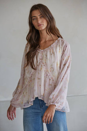 Chiffon Floral Print V-Neck Long Sleeve Top