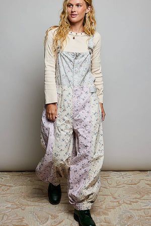 Boho Floral Lace-Trim Front-Zip Overalls