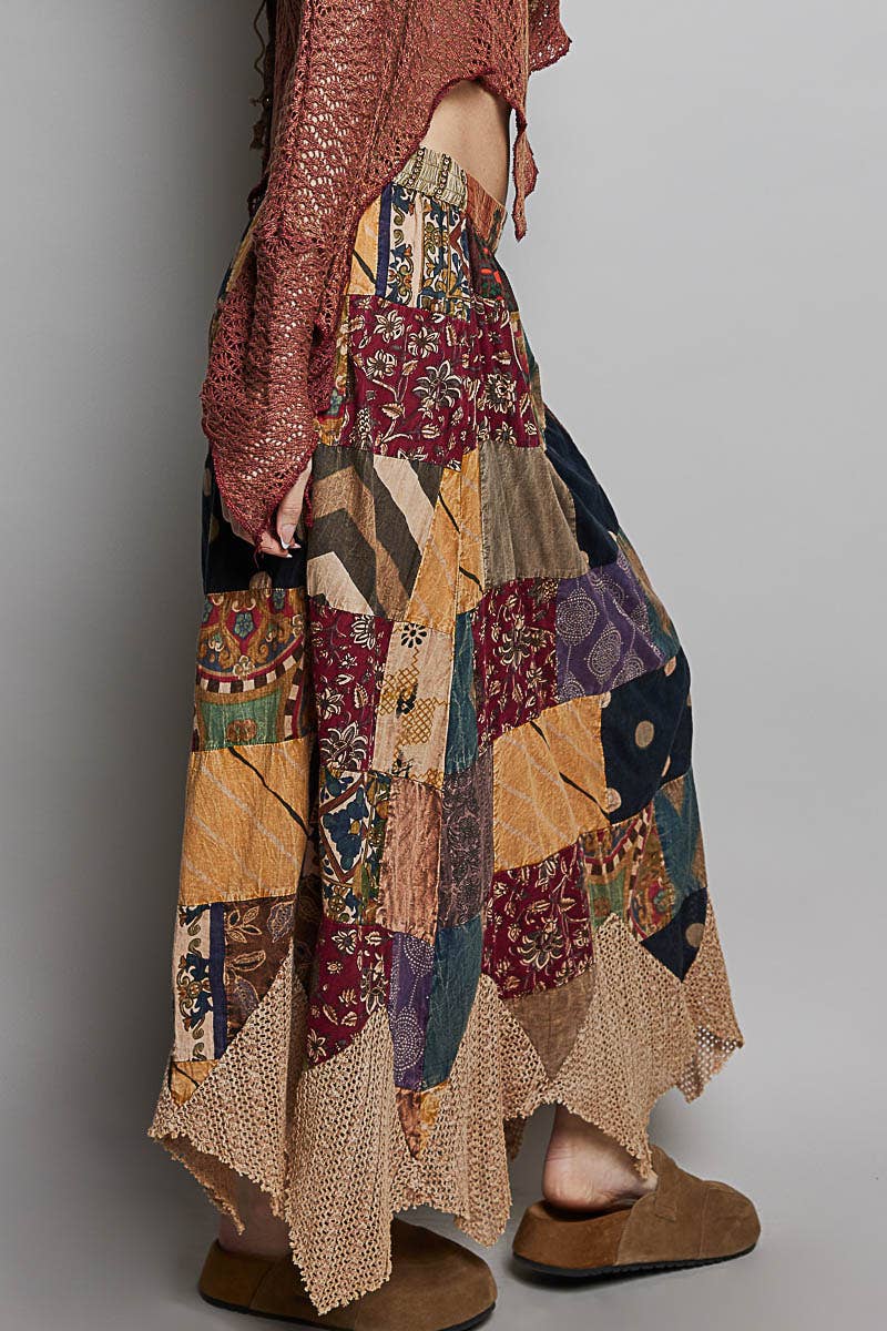 Patchwork Elasticized Waistband Print Panel Woven Skirt