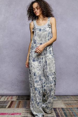 Floral Embroidered Woven Overalls with Crochet Mesh Patches