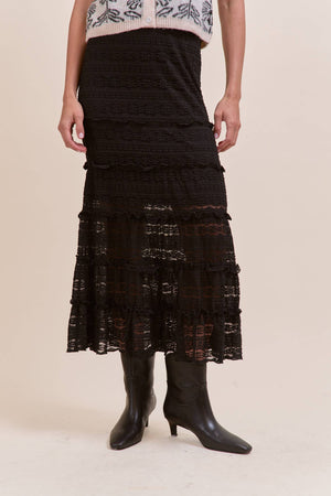 Lace Tiered Ruffle Trim Mermaid Midi Skirt - Black