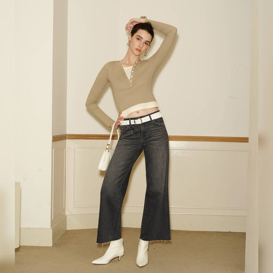 Dark Grey Washed Denim Mid Rise Wide Leg Jeans with Raw Hem