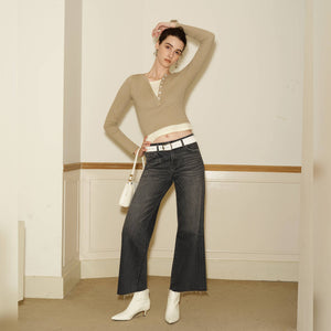 Dark Grey Washed Denim Mid Rise Wide Leg Jeans with Raw Hem