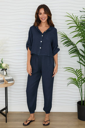 Elastic Waist Linen Pants with Cuffed Ankle