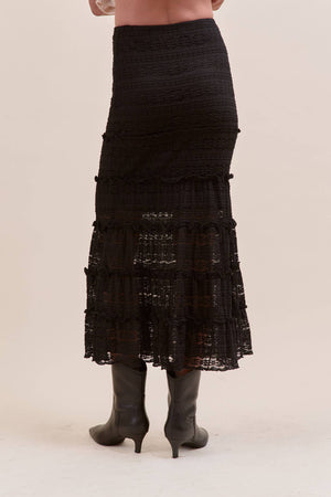 Lace Tiered Ruffle Trim Mermaid Midi Skirt - Black