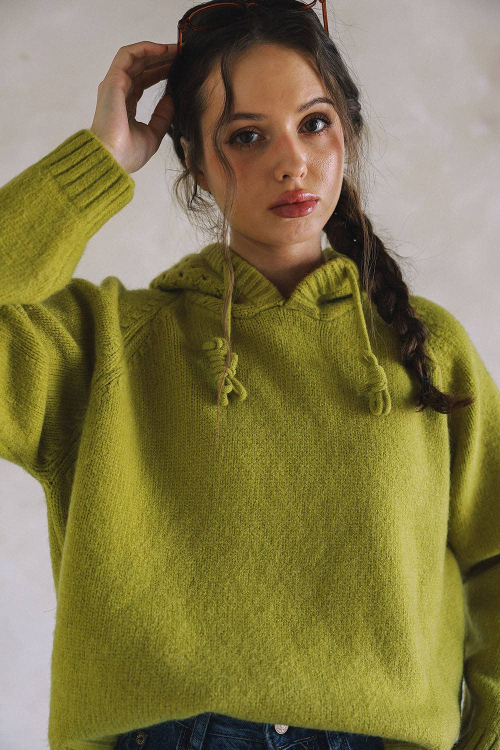 Mixed Knit Hooded Sweater – Olive