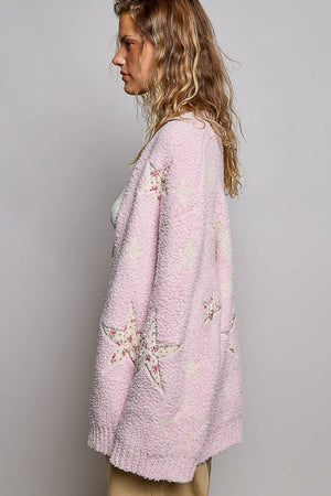 Star Patch Berber Open-Front Cardigan – Baby Pink