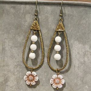 Teardrop Czech Flower & White Bead Dangle Earrings