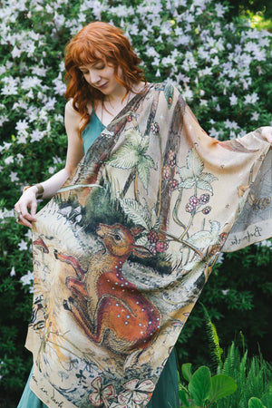 Lovelight Scarf with woodland deer, swallow & poetry