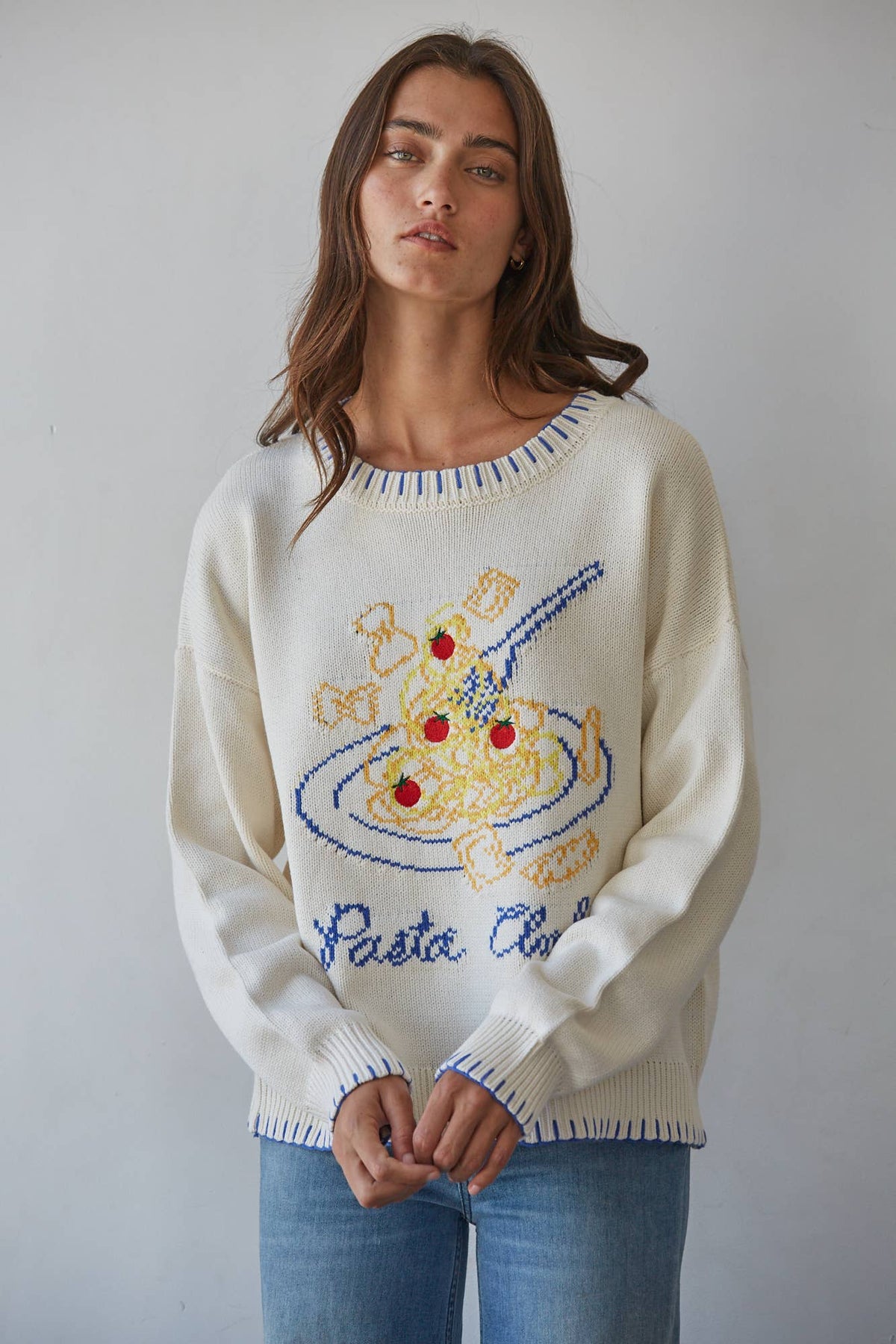 Ivory Blue Knit Pullover Sweater