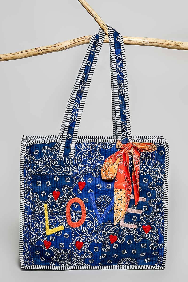 Quilted Indigo Paisley LOVE Tote Bag