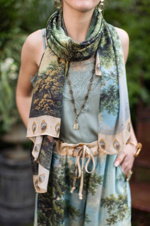 The Mythmaker Bohemian Scarf w/ pastoral landscape & unicorn