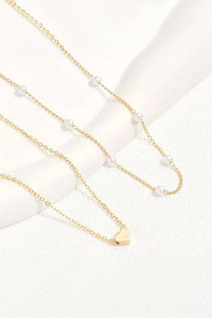 Heart & Pearl Gold Layered Necklace - 2 Piece Set