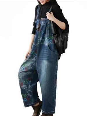 Floral Bleached Denim Overall Jeans