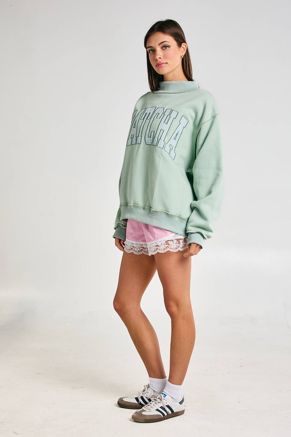 Embroidered "MATCHA" Mock Neck Sweatshirt